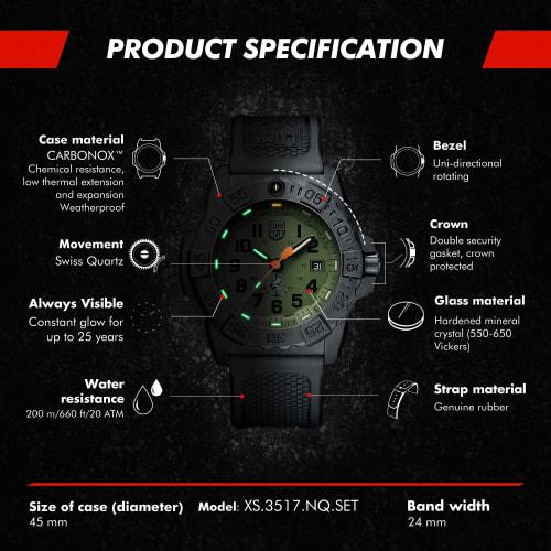 Luminox - Navy Seal XS.3517.NQ. Set - Men's 45mm Watch - Military Dive Watch In Black/Green with Date Function - Water Resistant To 200m - Swiss Made,