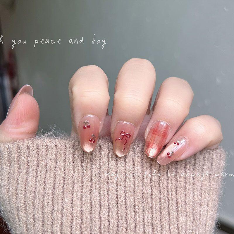 10Pcs Handmade Almond Nude Pink Cat Eye Press On Nails With Sweet Cherry Plaid Bow Reusable False Nails For Women Party
