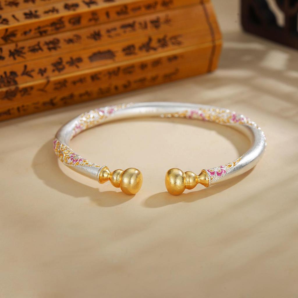 Цветочный перегородчатый эмалевый браслет-гурд - Женский посеребренный браслет из белой меди