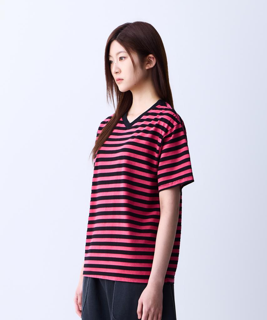 ADERNM Summer Daily Big Stripe Crop V-Neck T-Shirt Pink