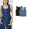 Spring New Women's Clothing Retro Hong Kong Style Casual Minimalist Casual Waist-Tight Pleated Short Denim Vest Jacket