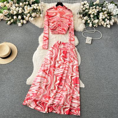 Осенний комплект из двух предметов Pure Lust Spicy Girl с короткими рукавами и высокой талией, юбка с принтом в технике тай-дай