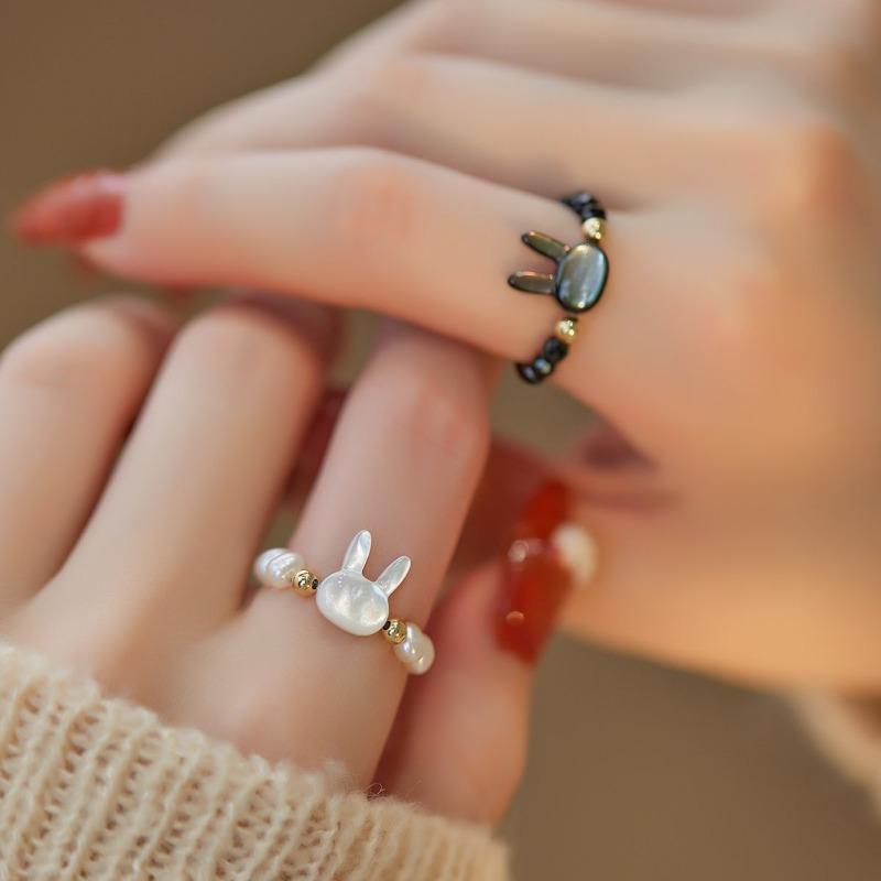 Регулируемое кольцо с бусинами в виде животного, фритиллярии, жемчуга, черного и белого кролика для женщин, милое, из натуральных кристаллов, каменное, ювелирное изделие
