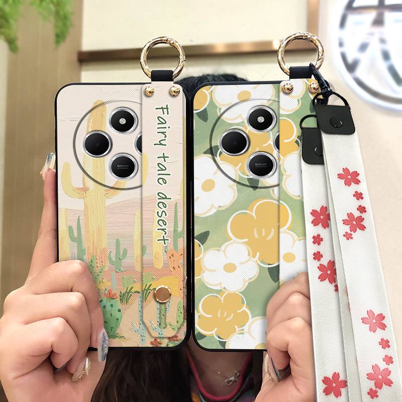 Silicone Soft Case Phone Case For Redmi A4 5G Wrist Strap Ring Kickstand Flower Anti-dust Lanyard Phone Holder Durable