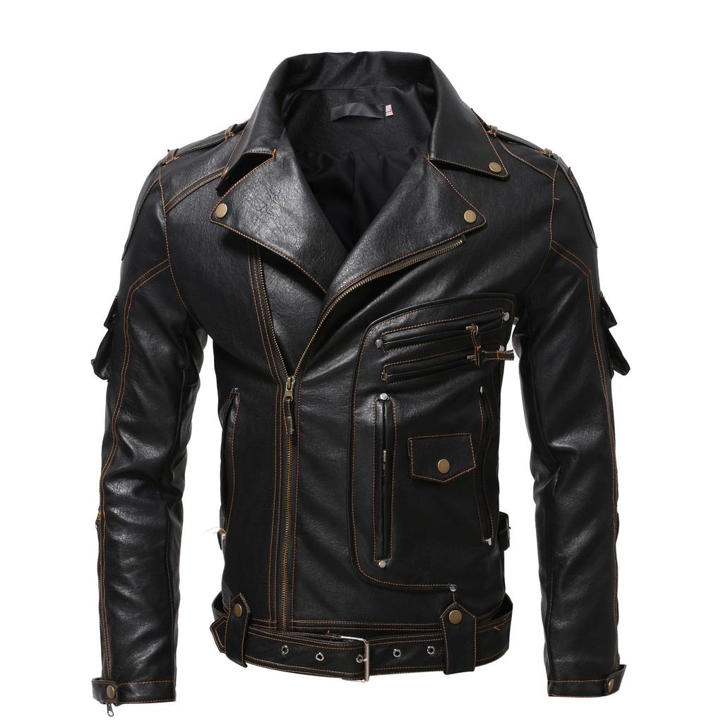 Men's Autumn and Winter Personalized Leather Jacket Slim Fit Multi Pocket Zipper Jacket