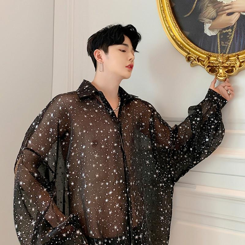 Мужская прозрачная рубашка, свободная мешковатая блестящая блузка с прозрачными рукавами реглан, клубные топы, праздничная одежда