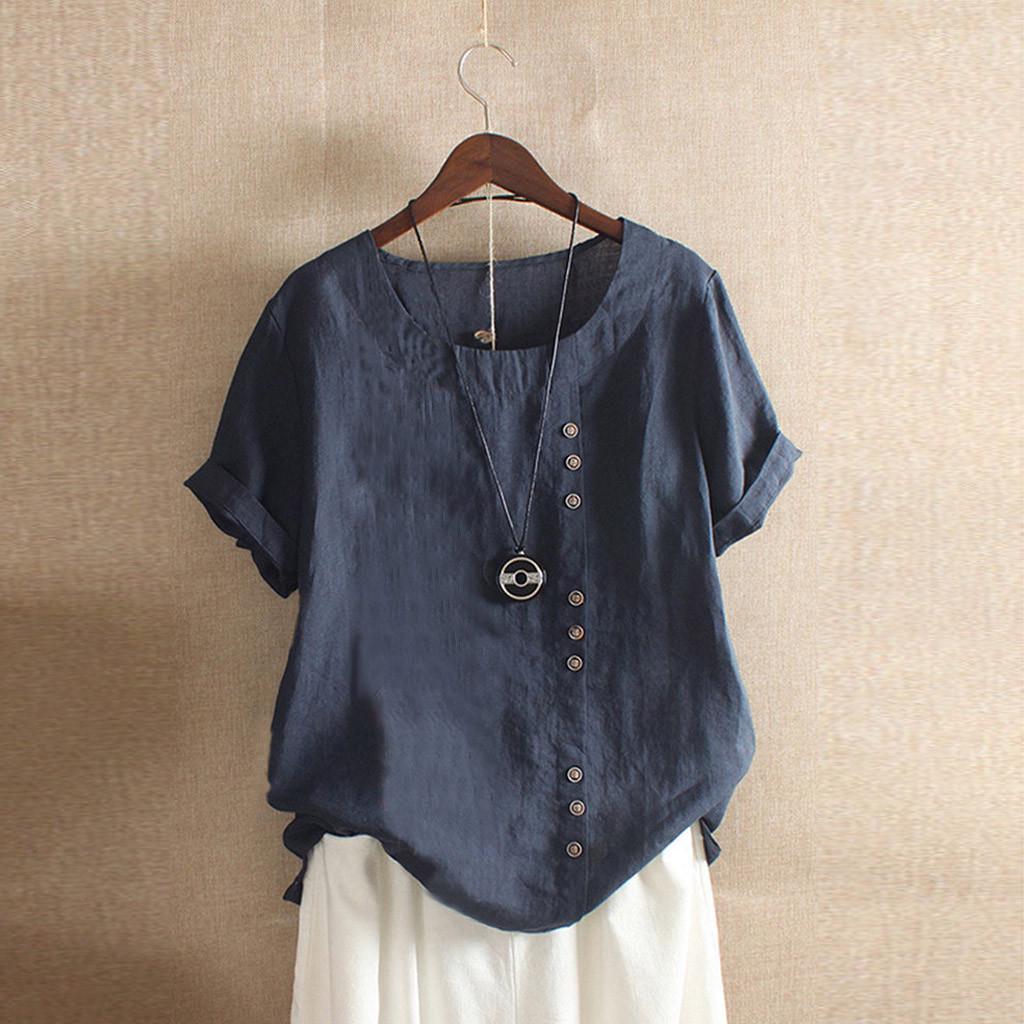 Plus Size Womens Casual Loose Tops Button Linen Daily Boho Tunic T-shirt Short Sleeve Blouse