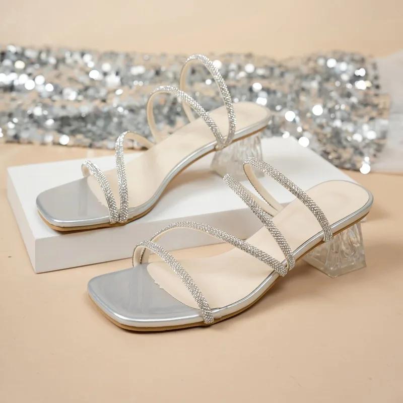 Женская обувь, горячая распродажа, женские туфли с открытым носком на высоком каблуке, модные повседневные тапочки с кристаллами, женские летние туфли больших размеров на однотонном каблуке для женщин