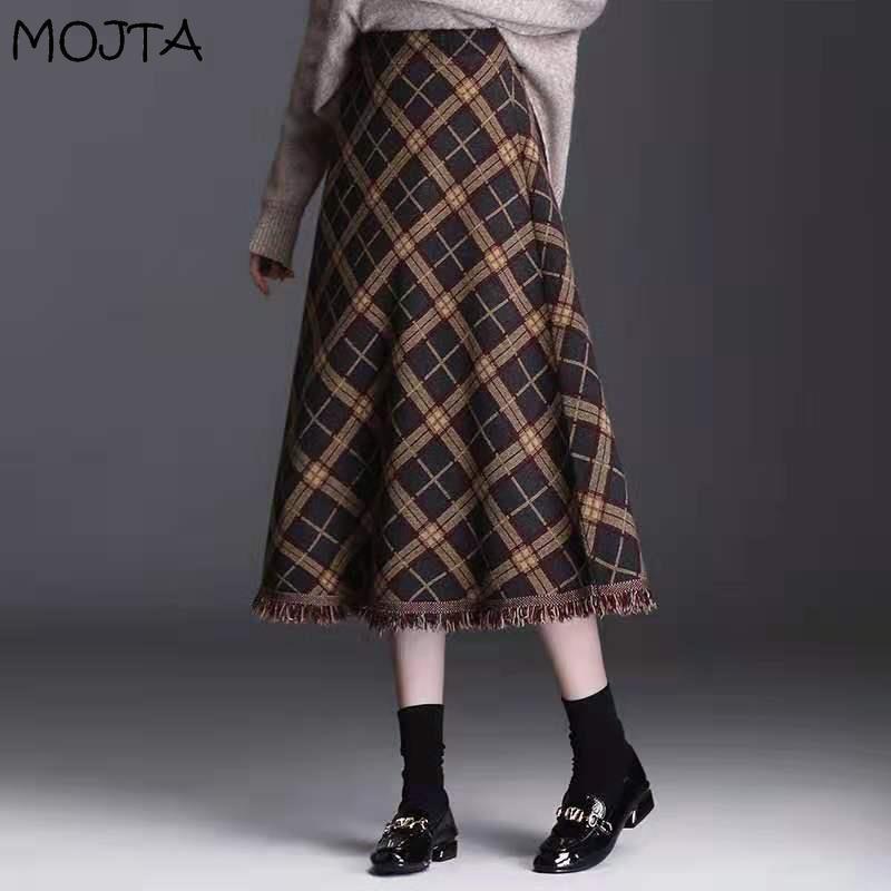 Женская осенне-зимняя вязаная юбка средней длины с кисточками и высокой талией, клетчатая юбка