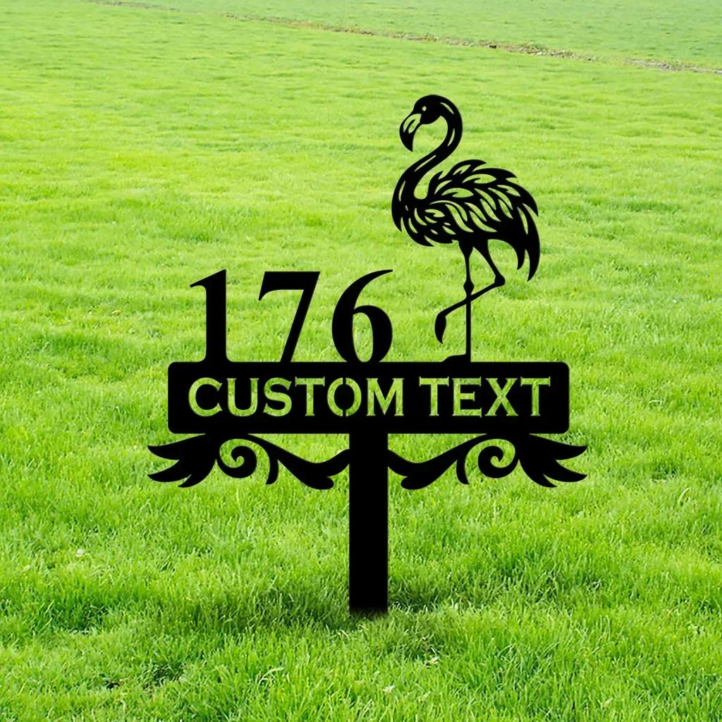 Metal Flamingo Address Sign, Beach House Number Stake, Tropical Garden Plaque, Personalized Outdoor Metal Decor