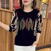 Ice Thread New Fashionable Long-sleeved T-shirt with Large Size Round Neck Slimming Middle-aged Mother's Diamond Top for Women
