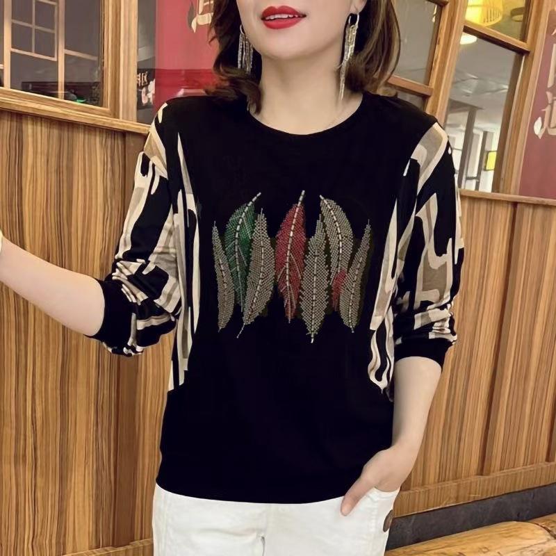 Ice Thread Новая модная футболка с длинными рукавами и круглым вырезом большого размера, утягивающий топ с бриллиантами для женщин среднего возраста