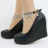 Fashion 10.5 CM White Round Head Ankle Strap Platform Wedges Women Pump High Heels  Dress Shoes Tassel Beaded Size 41 42 43