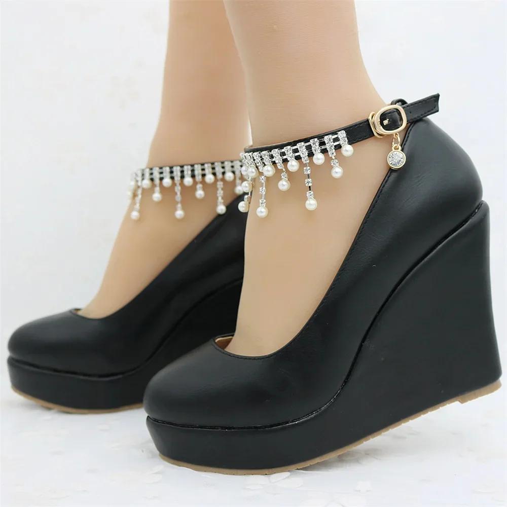 Fashion 10.5 CM White Round Head Ankle Strap Platform Wedges Women Pump High Heels  Dress Shoes Tassel Beaded Size 41 42 43