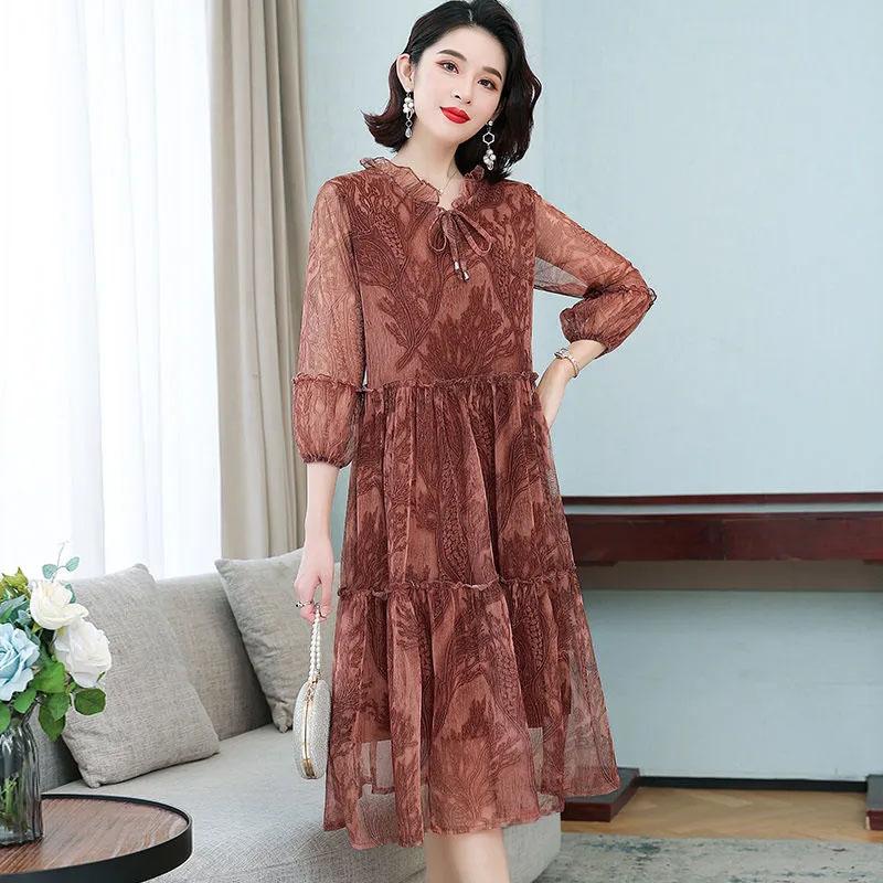 Женское летнее шифоновое платье больших размеров с принтом, свободное сетчатое платье трапециевидной формы