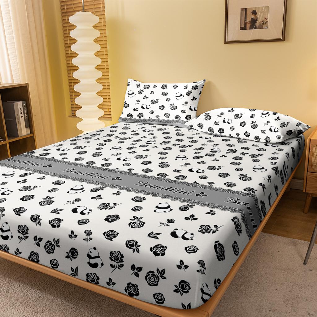 Simple 1 Modern Plant Flower Rose Printed Matte Fitted Sheet, Bedroom Printed Bed Cover, Bedding Excluding Pillowcases