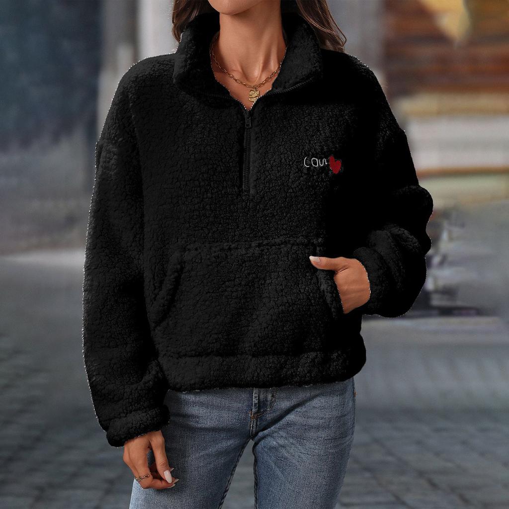 Женская и зимняя плюшевая толстовка с длинным рукавом, свободная, с полумолнией и воротником-стойкой