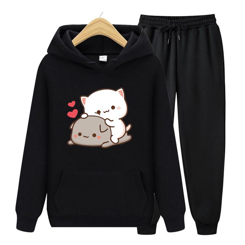 Женский комплект с капюшоном с длинными рукавами Kawaii Girl, комплект свитшотов в стиле аниме, негабаритный повседневный пуловер, милая пара, подарок на день Святого Валентина, комплект с капюшоном