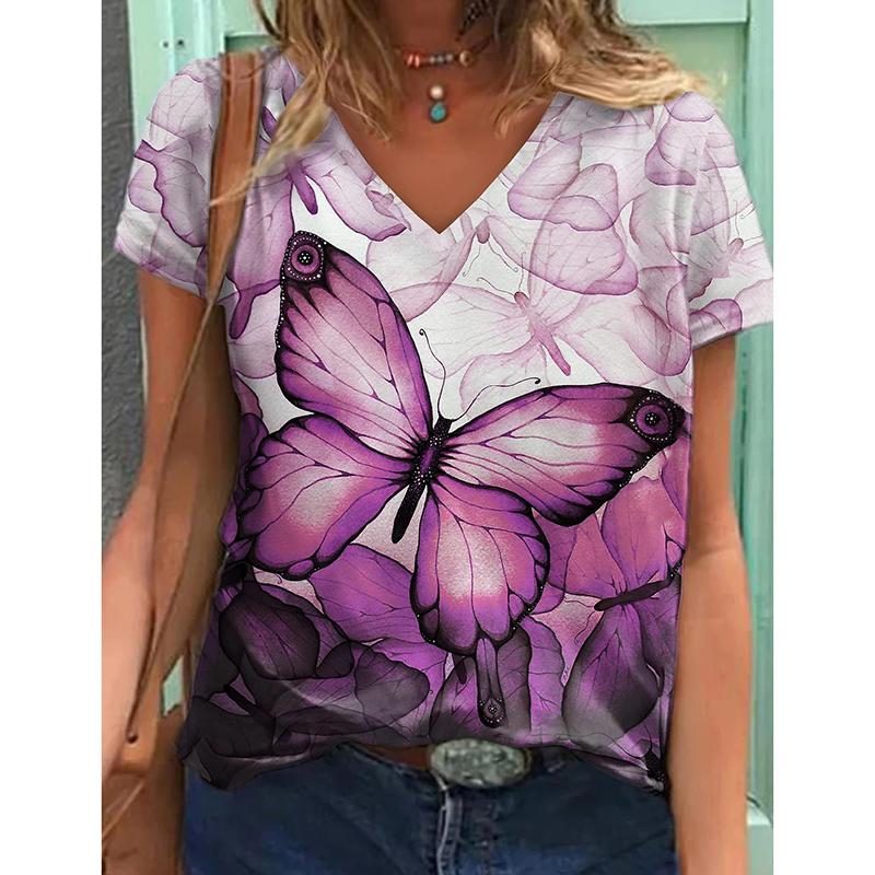 Летняя мода Цветочные бабочки 3D принт футболка женская уличная одежда повседневные футболки Y2k топы женские футболки с V-образным вырезом свободные размеры одежда