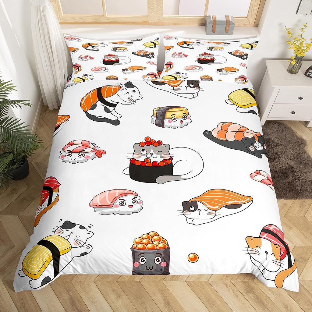 Japanese Sushi King Queen Duvet Cover Little Cat Bedding Set Novelty Cartoon Pet Animal Japan Food White Polyester Quilt Cover