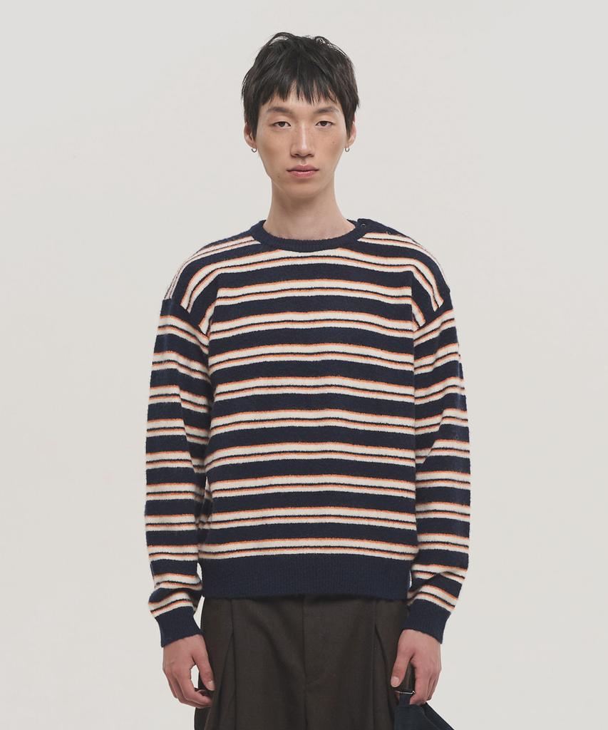 NOISE Striped Shoulder Open Henley Neck Knit - Navy