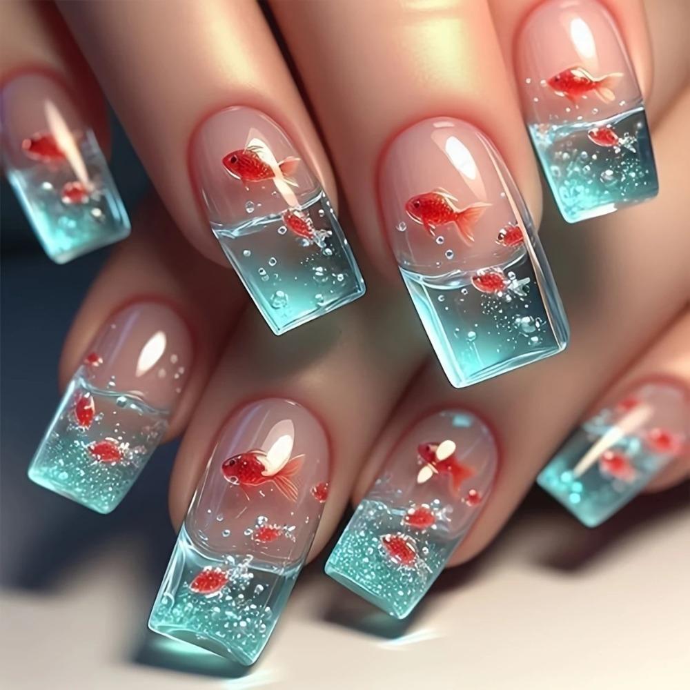 24pcs/set Transparent Artificial Nails Fish Press-on Nails New Nail Art Mold Nail Decorations