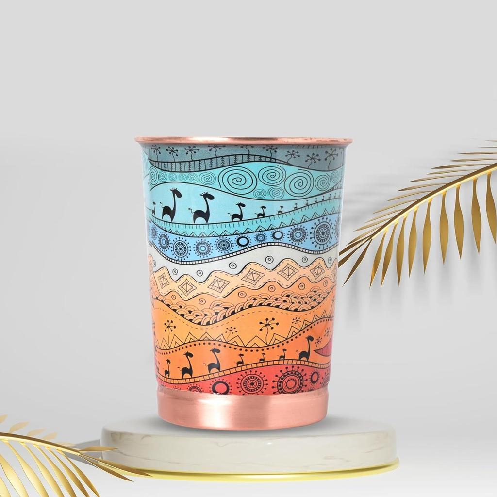 Copper Printed Design 250ML Water Glass with Rust Proof Protection for Home and Office Use Ayurveda and Yoga Health Benefits Glass Set of 6