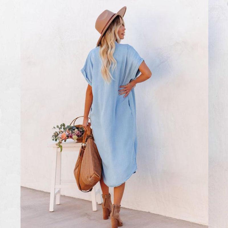 Летняя женская юбка, модная однотонная джинсовая рубашка с короткими рукавами и воротником-поло, удобное повседневное длинное платье-рубашка с разрезом