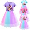 Kids Girls K-POP Rumi Zoey Mira Print Mesh Rainbow Round Neck Short Sleeves Casual Cotton Dress