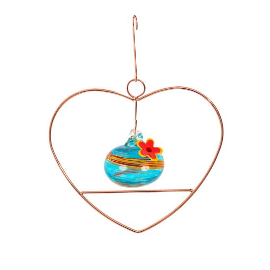 Heart-Shaped Hummingbird Feeder Hanging Water Feeder with Perch Colorful Glass Bottle Wire Frame Hummingbird Feeder for Porch Yard Garden Outdoor