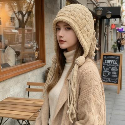 Осенне-зимняя милая вязаная шапка с длинными кисточками, ветрозащитная шапка с защитой ушей, сохраняющая тепло, женская панама