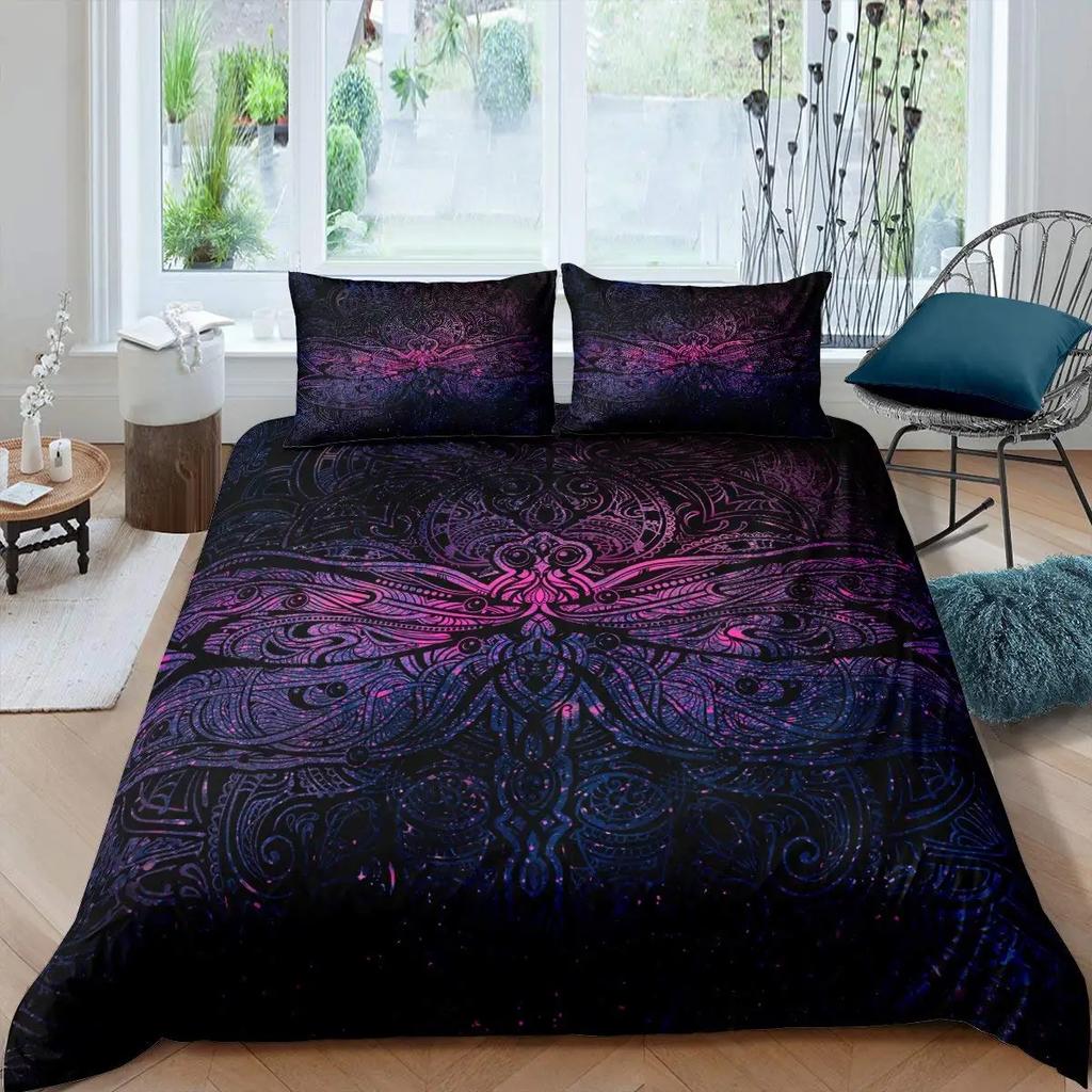 Bohemian Dragonfly Duvet Cover Set King Size Mandala Paisley Bedding Set Purple Tie Dye Iridescent Hippie Polyester Quilt Cover