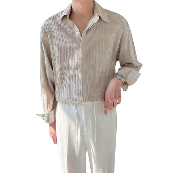 Летняя мужская рубашка с отложным воротником и длинными рукавами, плиссированный однобортный свободный однотонный кардиган на пуговицах, тонкий деловой офис