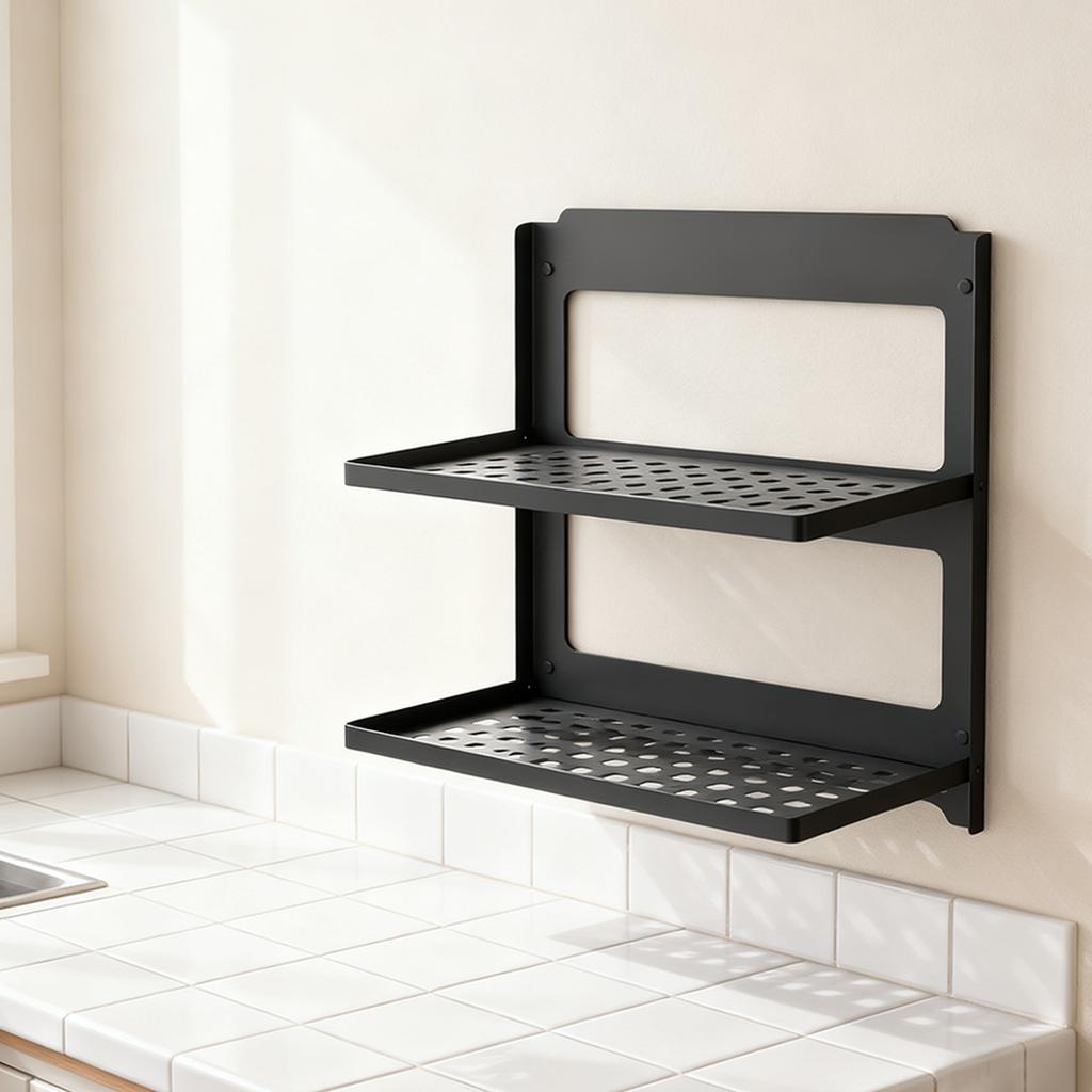 2-Tier Black Iron Floating Shelf Wall-Mounted Metal Shower Rack Foldable Stackable Anti-Drop Baffle for Bathroom Laundry Toilet