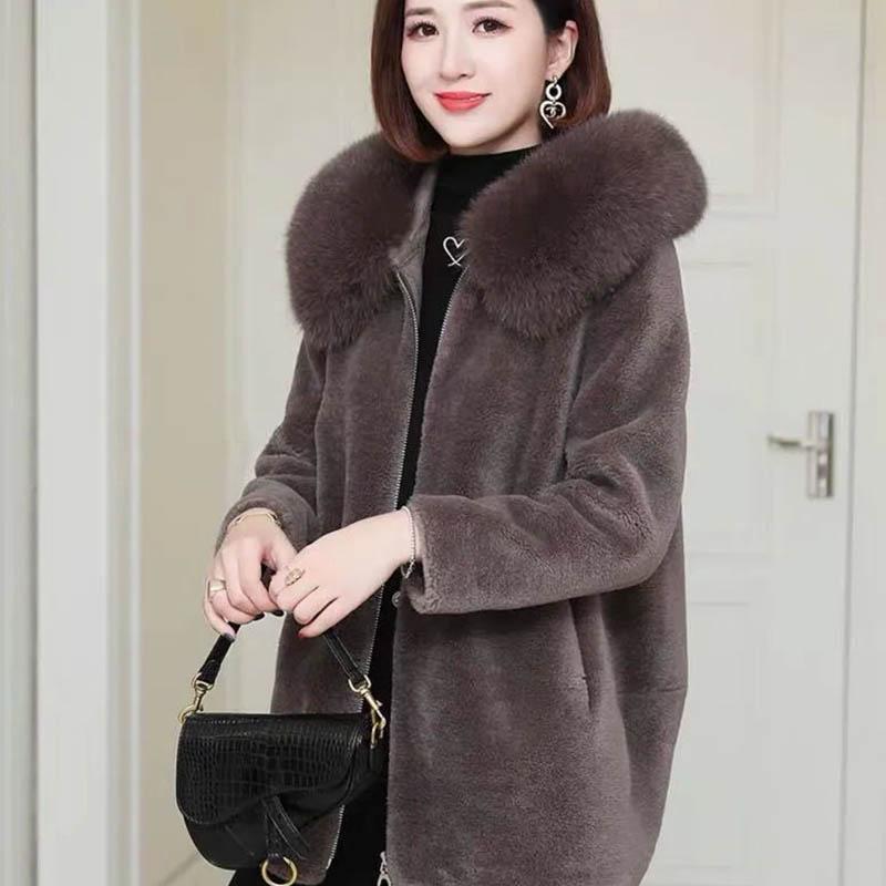Меховое пальто для стрижки овец, женское пальто из гранулированного флиса, мех ягненка, воротник из лисьего меха, новый с капюшоном