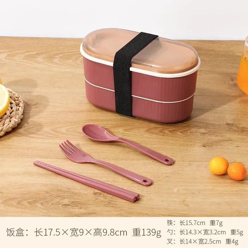 Двухслойный портативный ланч-бокс с вилкой и ложкой, микроволновая печь, бенто-боксы, набор столовых приборов, контейнер для хранения продуктов