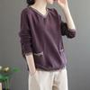 Ethnic Style Pure Cotton Retro Solid Color V-neck Bottoming Shirt Women's Loose Threaded Stitching Pocket Top