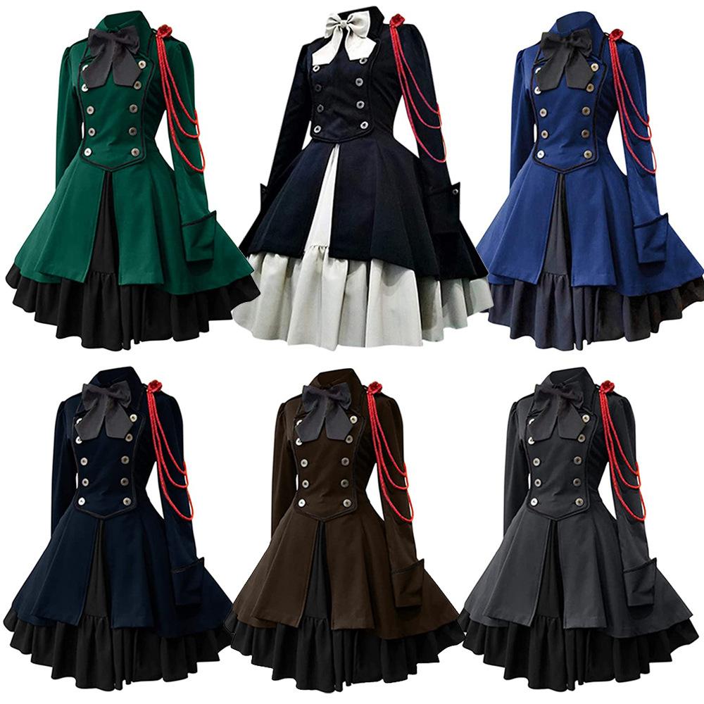 Plus Size 5XL Gothic Lolita Party Dresses Women Elegant Bow Collar Pleated Lace Up Ruffles Dress Medieval Retro Princess A Line