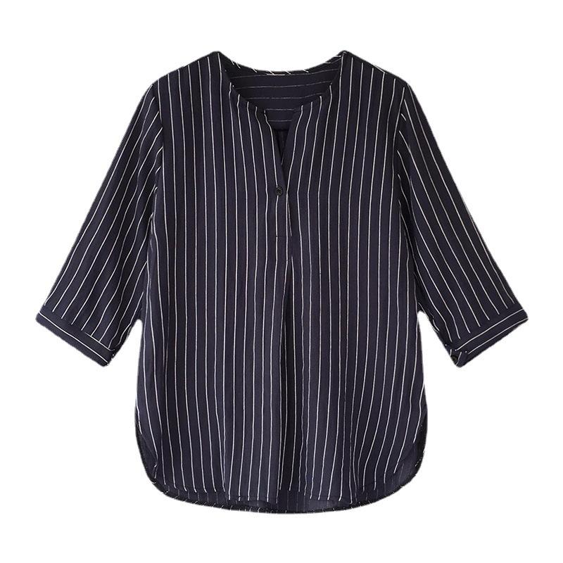 Fashion Large Size Round Neck Striped Shirt Female Seven-minute Sleeve Blouse Loose Casual Shirt Vintage Basic Office Casual Women Shirt