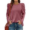 O-Neck Pleated Shoulder Puff Long Sleeves Women Blouse Fall Winter Solid
