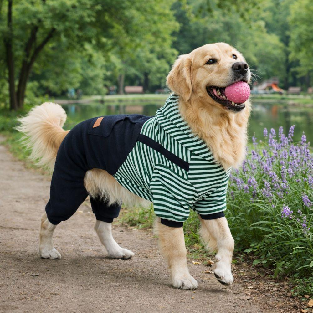 Dog Outfit Four Legged Pet Dog Jumpsuit Warm Striped Pet Sweatshirt Windproof Thickened Pullover Coat Daily Walk