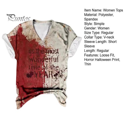Женская футболка с V-образным вырезом и коротким рукавом, футболка с принтом крови на Хэллоуин, тонкая эластичная, для косплея, фестивалей, пуловеры, топы