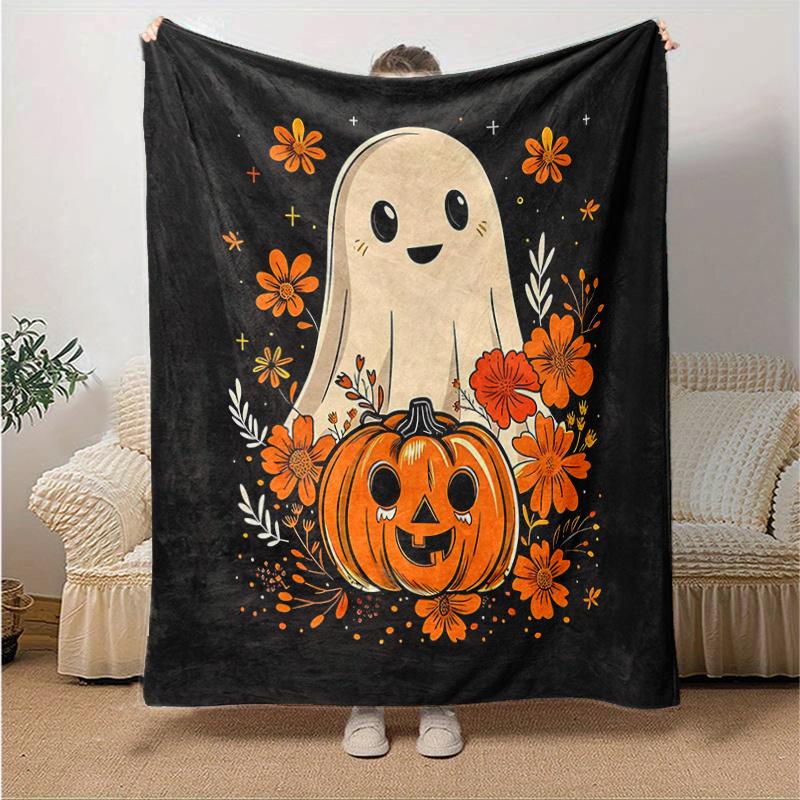 1pc Cartoon Ghost & Pumpkin Halloween Blanket Cartoon Throw for Home Decor, Gift Idea, Room Decoration, Living Room, Travel, Camping
