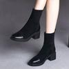 Fashion Black Round Toe Elastic Ladies Mid Calf Shoes Elegant Heeled Autumn Winter Women's Half High Boots Comfortable Gothic Work Boot