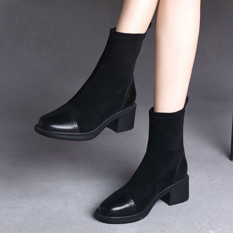 Fashion Round Toe Half High Boots for Women Black Warm 2025 New Trend Fashion Boot Chic and Elegant Gothic Luxury Mid Calf Shoes Woman