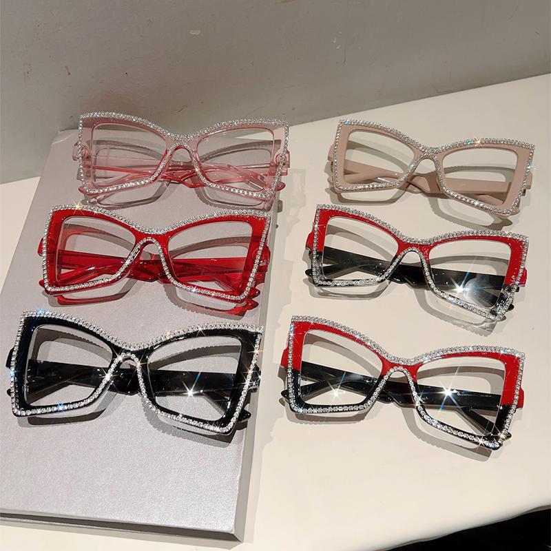 Trendy Retro Oversize Cat Eye Frame Women Crystal Shiny Decor Glasses Blue Light Blocking Ins Brand Design Eyewear
