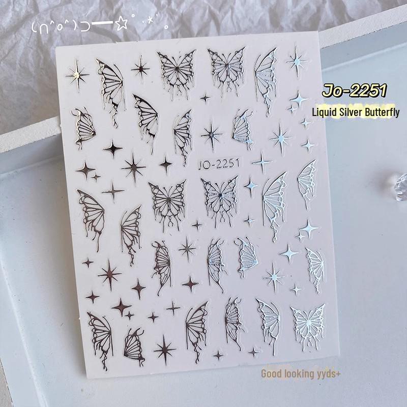 Xiaohongshu DIY лазерные наклейки для ногтей, расписанные вручную: Черные, белые, золотые и серебряные крылья бабочки с клейкой основой.