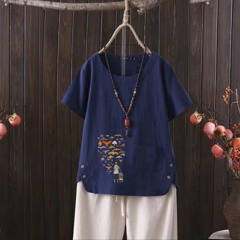 Футболка женская из хлопка и конопли с V-образным вырезом и принтом серии Nordic Balloon Series 2025 года — легкая и модная