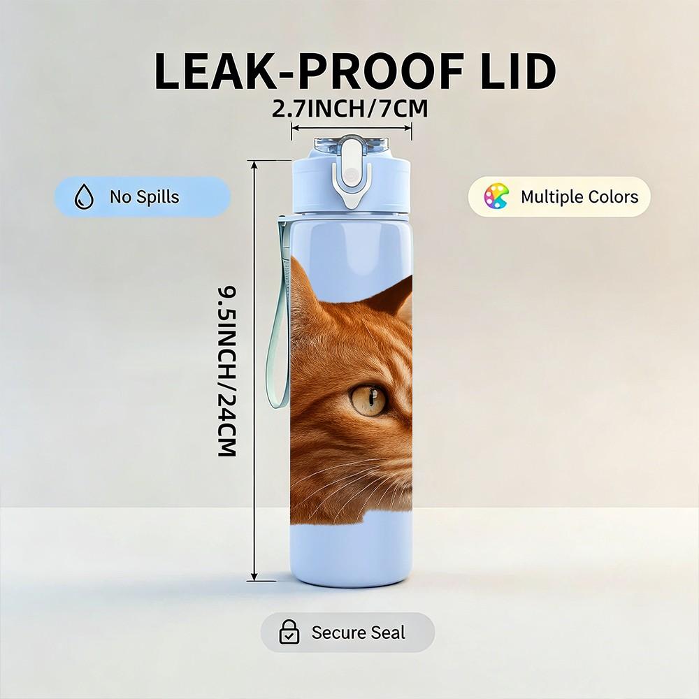 1PC Orange Tabby Cat Face 750ml Color Plastic Sports Water Bottle Leakproof Flip Straw Lid Suitable for Sports Office Home Use