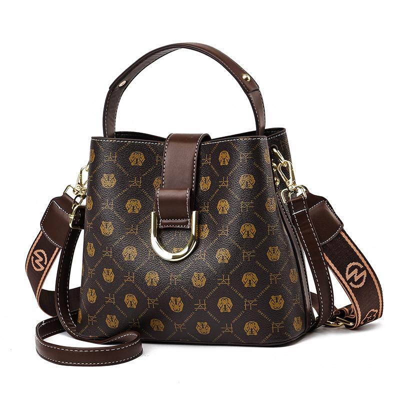 Stylish Vintage Ladies Bucket Bag With Floral Print In Coffee Beige And Earthy Yellow Colors